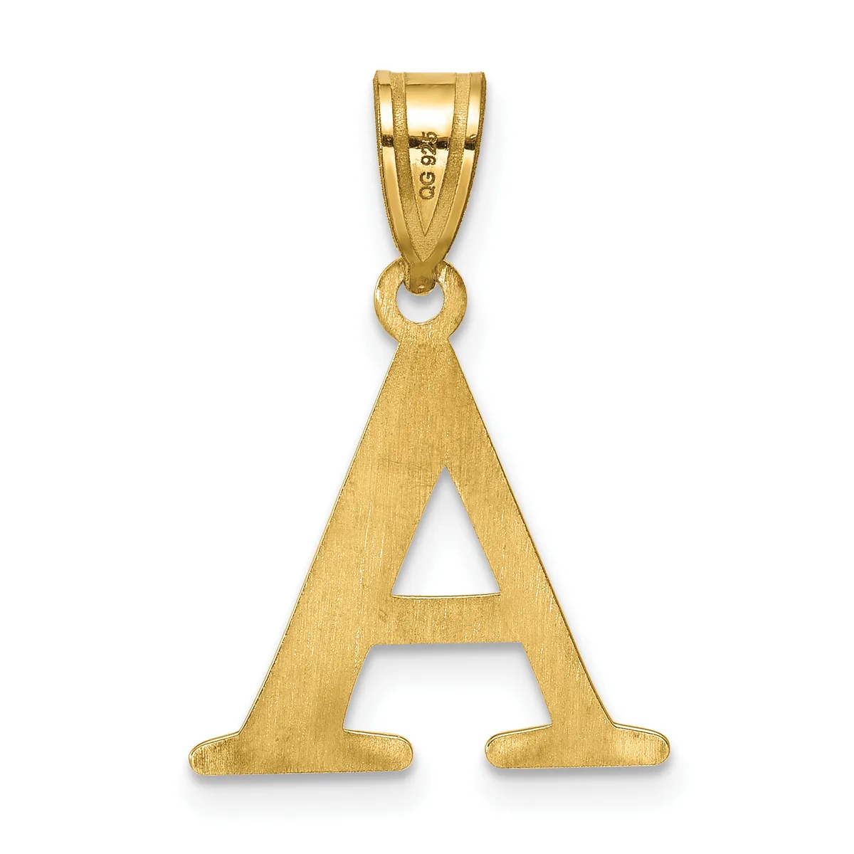 Gold letter A pendant with a brushed finish and small stamped hallmark on the bail, shown hanging against a white background.