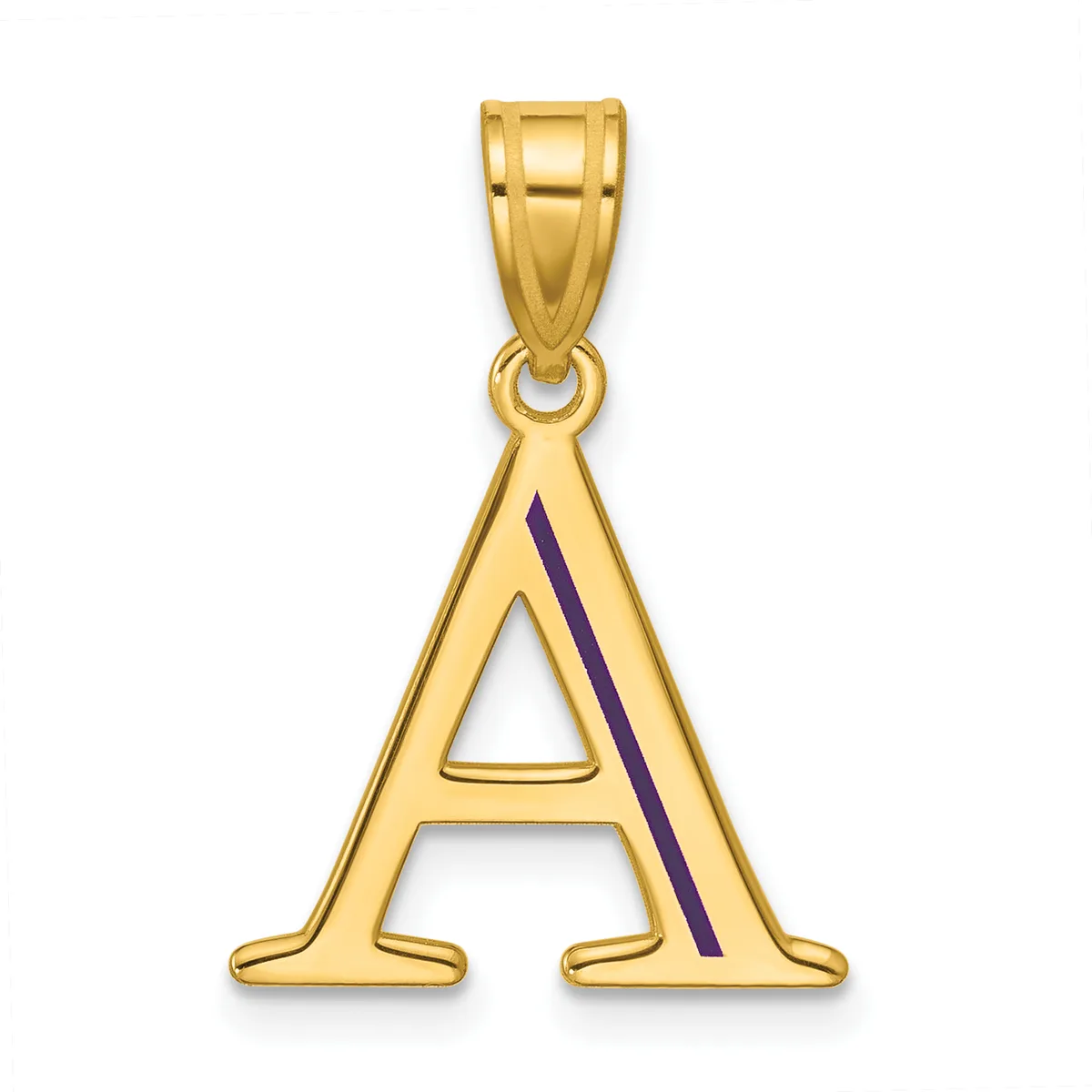 Gold letter A pendant with a purple diagonal stripe, suspended from a gold bail on a white background.