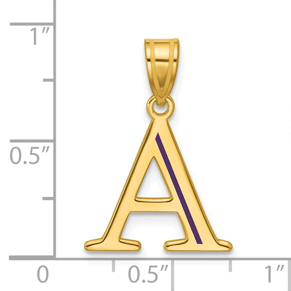 Gold letter A pendant with purple enamel stripe, shown next to a ruler indicating approximately one inch in height.