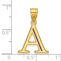 Gold letter A pendant with purple enamel stripe, shown next to a ruler indicating approximately one inch in height.