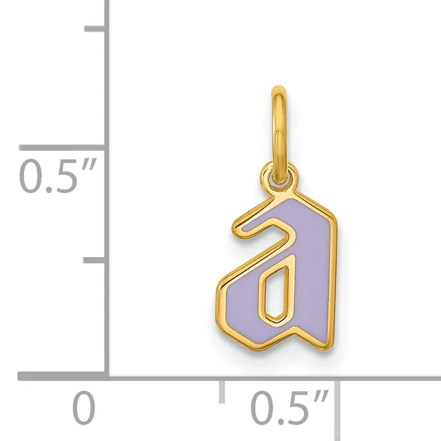 Gold-toned charm with lavender enamel featuring an abstract design, shown next to a ruler indicating approximately 0.5 inches in height.