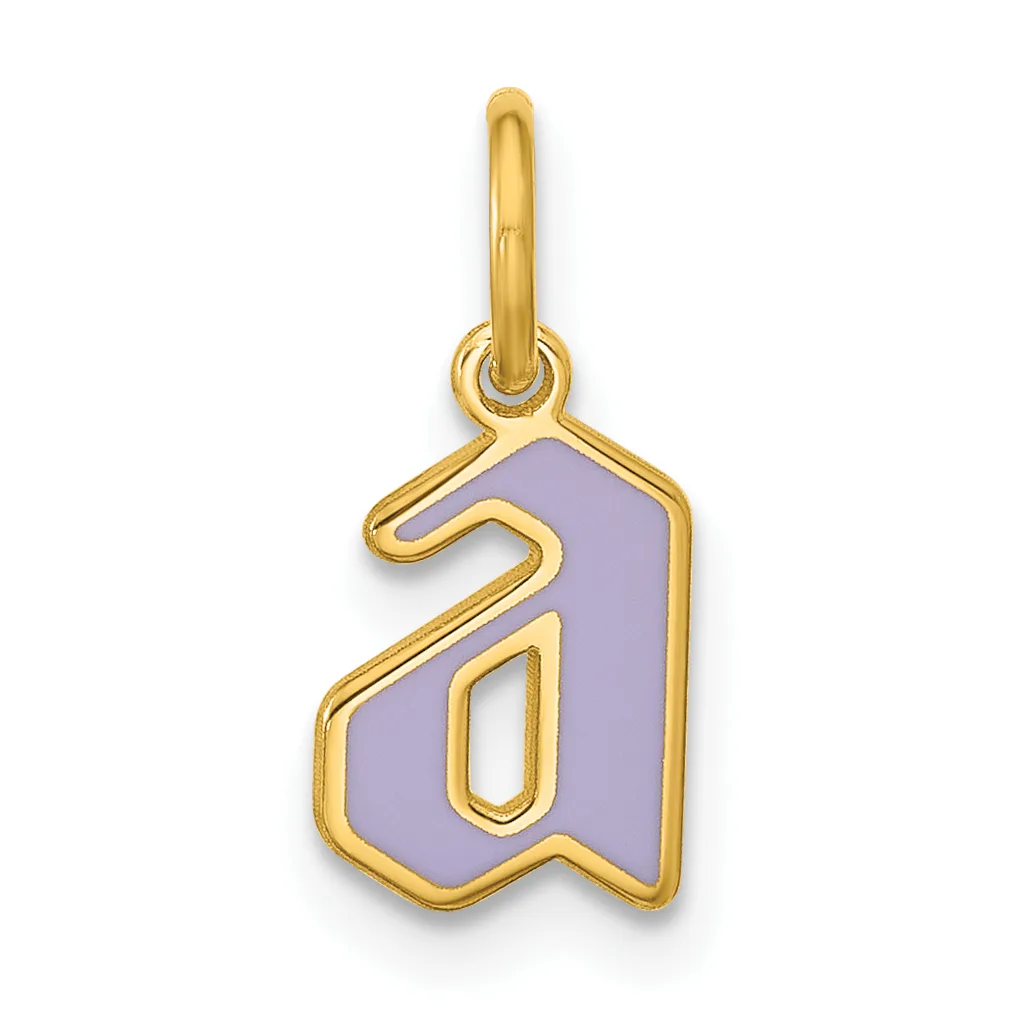 Gold charm pendant with lavender enamel background featuring a gold outlined lowercase letter "a" design, suspended from a gold loop bail.