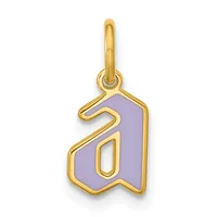 Gold charm pendant with lavender enamel background featuring a gold outlined lowercase letter "a" design, suspended from a gold loop bail.