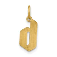 Gold pendant in the shape of the letter "d" with a brushed finish and a small loop at the top for hanging.