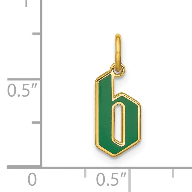 Gold-toned pendant with green enamel in the shape of the number 6, shown next to a ruler indicating approximately 0.5 inches in width and height.