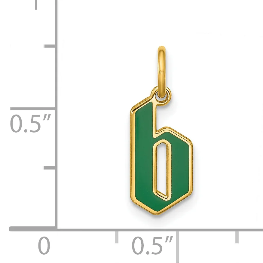 Gold-toned pendant with green enamel in the shape of the number 6, shown next to a ruler indicating approximately 0.5 inches in width and height.