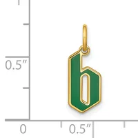 Gold-toned pendant with green enamel in the shape of the number 6, shown next to a ruler indicating approximately 0.5 inches in width and height.