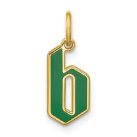 A gold pendant with green enamel in the shape of the number 6, featuring a gold bail loop at the top.