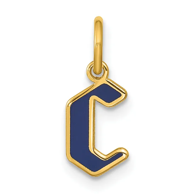 Gold pendant charm with dark blue enamel inlay in the shape of the letter C, suspended from a gold loop bail.