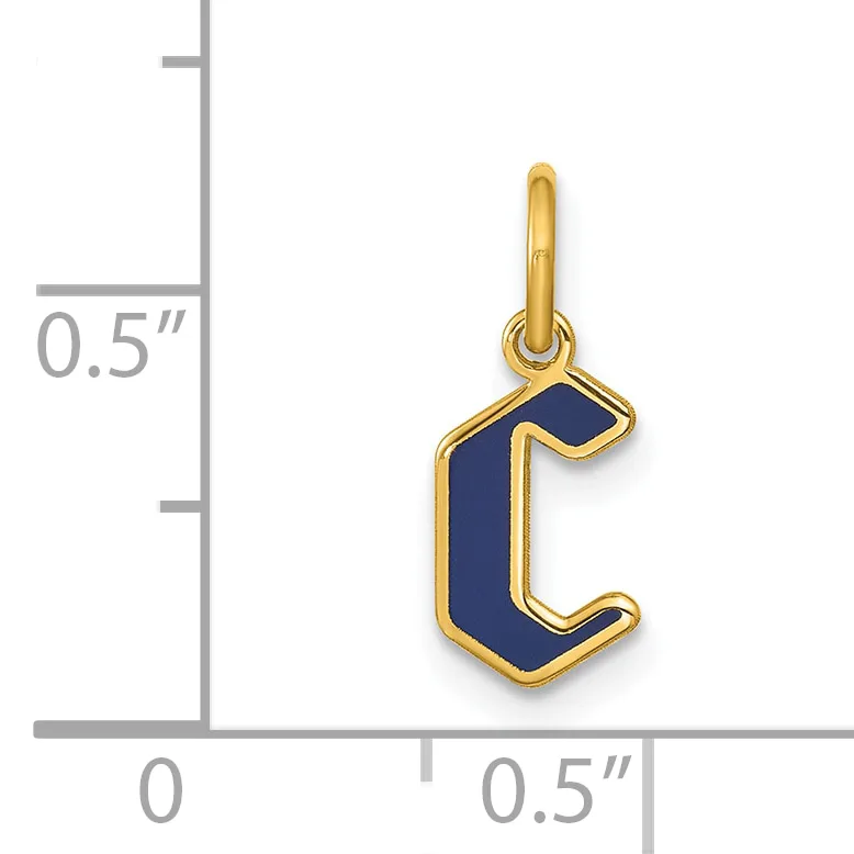 Gold-plated pendant featuring a navy blue enamel lowercase letter "c" with a gold outline, shown next to a measurement scale indicating approximately 0.5 inches in height.