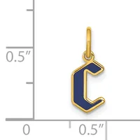 Gold-plated pendant featuring a navy blue enamel lowercase letter "c" with a gold outline, shown next to a measurement scale indicating approximately 0.5 inches in height.