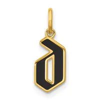 Gold pendant charm with black enamel inlay in the shape of the number zero, suspended from a gold bail.