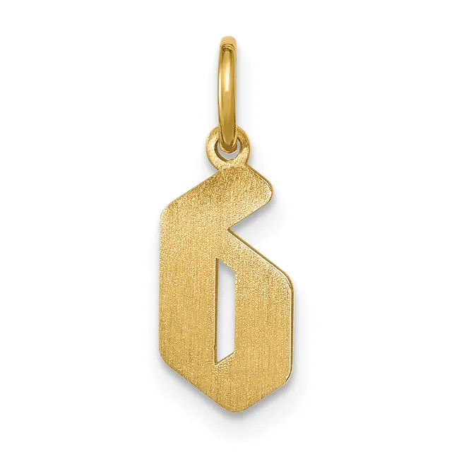 Gold pendant charm in the shape of the number 6 with a textured finish and a small loop at the top for attaching to a chain.