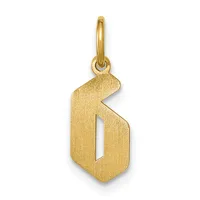 Gold pendant charm in the shape of the number 6 with a textured finish and a small loop at the top for attaching to a chain.