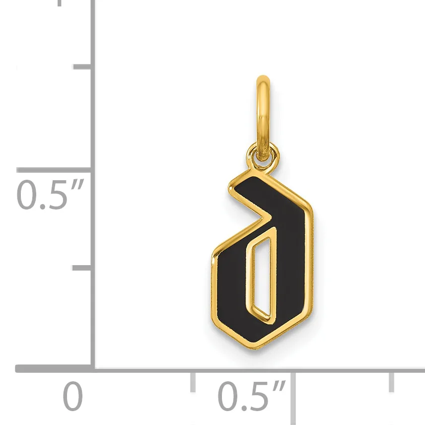 Gold-colored pendant with black enamel in a geometric chevron and rectangular design, shown next to a measurement scale indicating approximately half an inch in height.