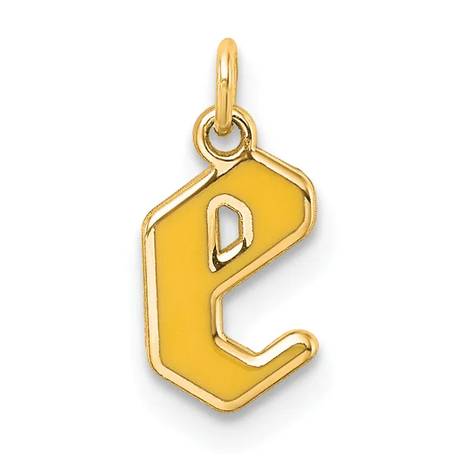 Gold pendant in the shape of the letter P with a yellow enamel background and gold outline, suspended from a gold loop bail.