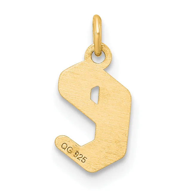 Gold pendant in the shape of the number nine with a heart cutout, featuring a small stamped hallmark on the lower left and a loop attachment at the top.
