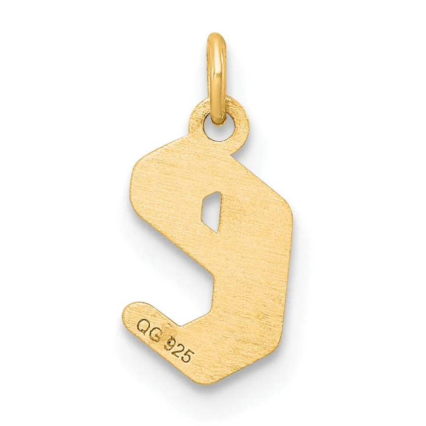 Gold pendant in the shape of the number nine with a heart cutout, featuring a small stamped hallmark on the lower left and a loop attachment at the top.