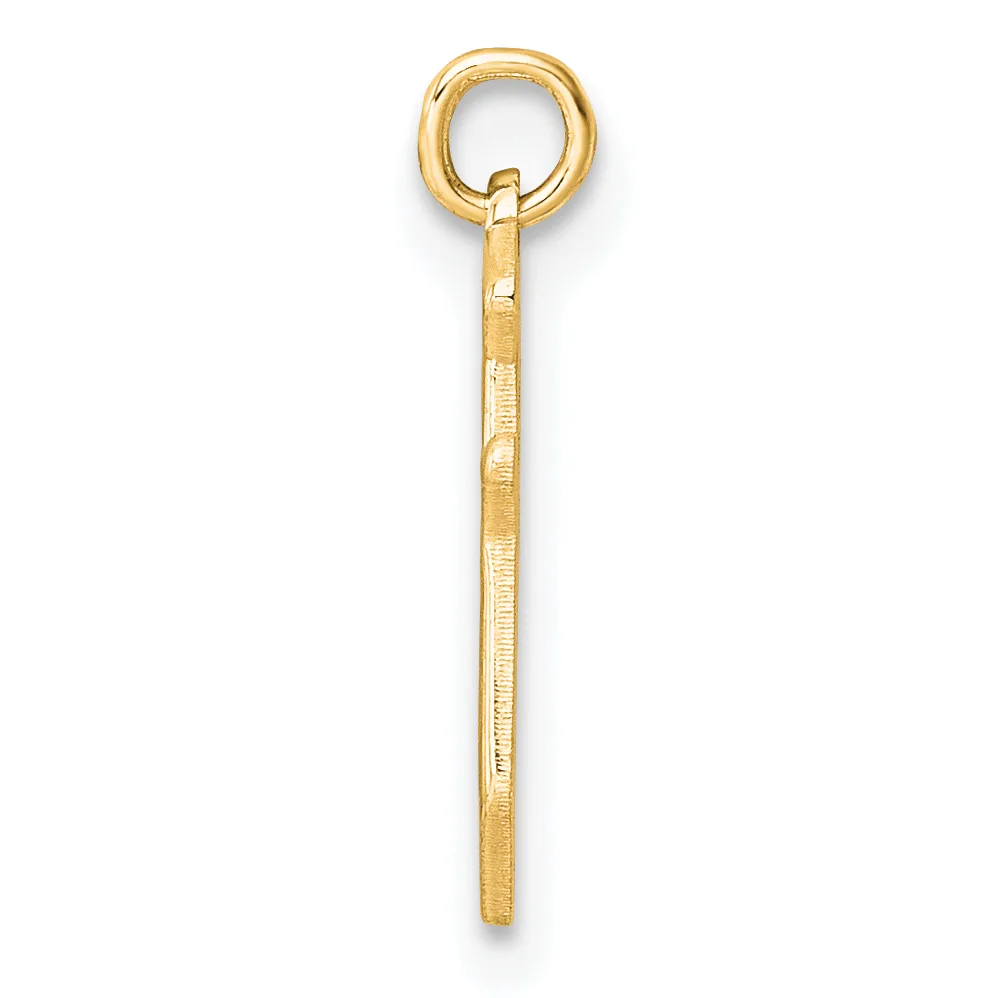 A long gold eye bolt pendant with a textured shaft and a small stamped hallmark, shown against a white background.