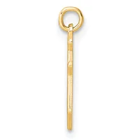 A long gold eye bolt pendant with a textured shaft and a small stamped hallmark, shown against a white background.