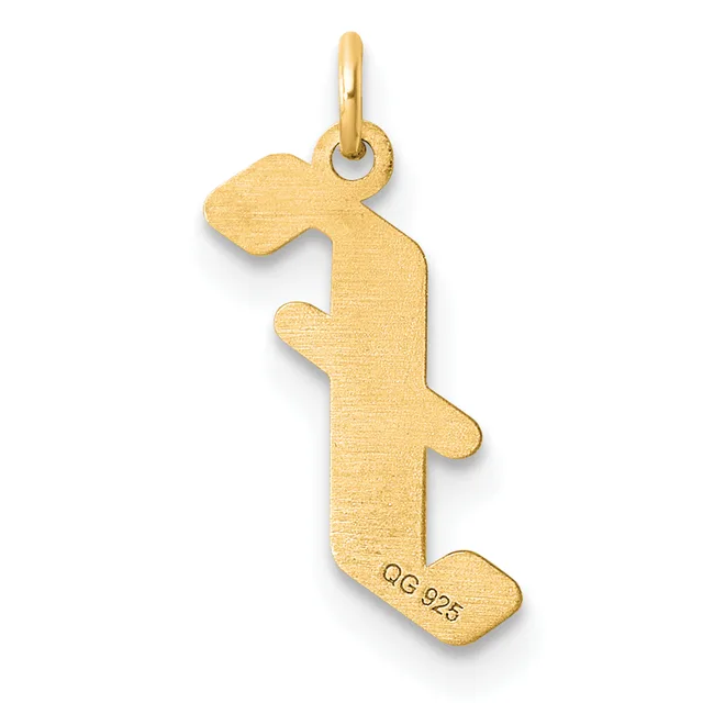 Gold pendant shaped like a dachshund dog in profile, with a small stamped hallmark on the lower section and a loop at the top for hanging.
