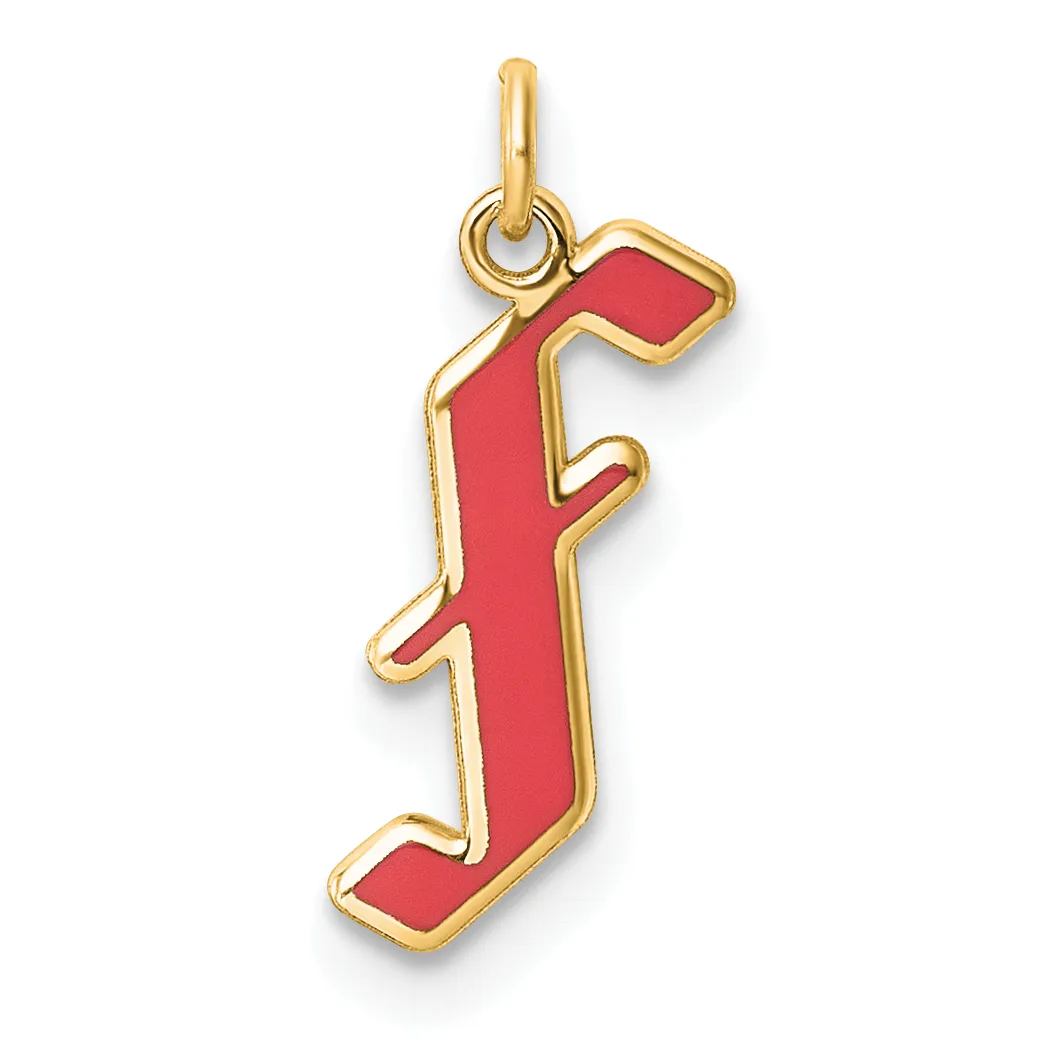 A gold-outlined pendant charm in the shape of a red letter J with a loop attachment at the top.
