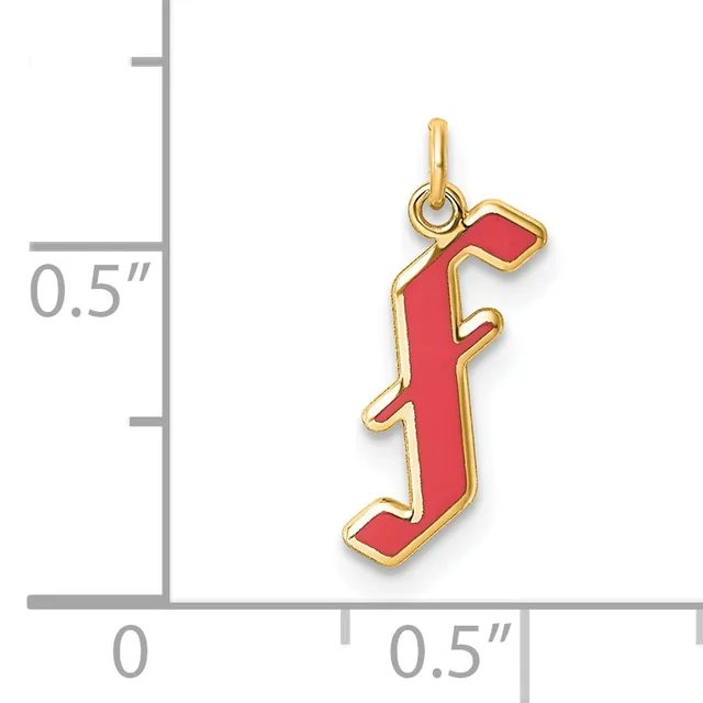 A red enamel pendant shaped like the letter J with a gold-tone border and loop, shown next to a measurement scale indicating it is approximately half an inch wide.