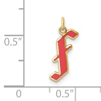 A red enamel pendant shaped like the letter J with a gold-tone border and loop, shown next to a measurement scale indicating it is approximately half an inch wide.
