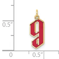Gold-toned charm with red enamel numbered 9, shown next to a ruler measuring approximately 0.5 inches in height.