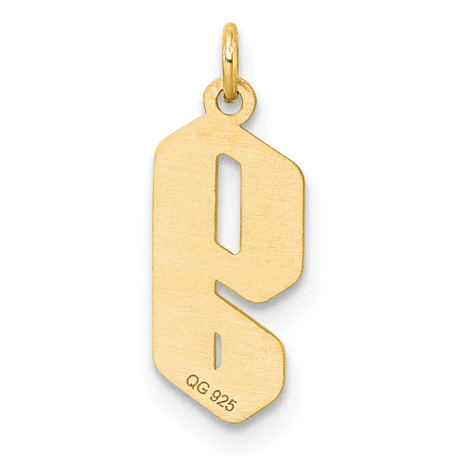Gold pendant in the shape of the letter P with a brushed finish and a small stamped hallmark on the lower edge, suspended from a jump ring.