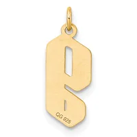 Gold pendant in the shape of the letter P with a brushed finish and a small stamped hallmark on the lower edge, suspended from a jump ring.