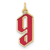 A gold-framed pendant charm with the number 9 in red enamel, featuring a gold loop at the top for attachment.