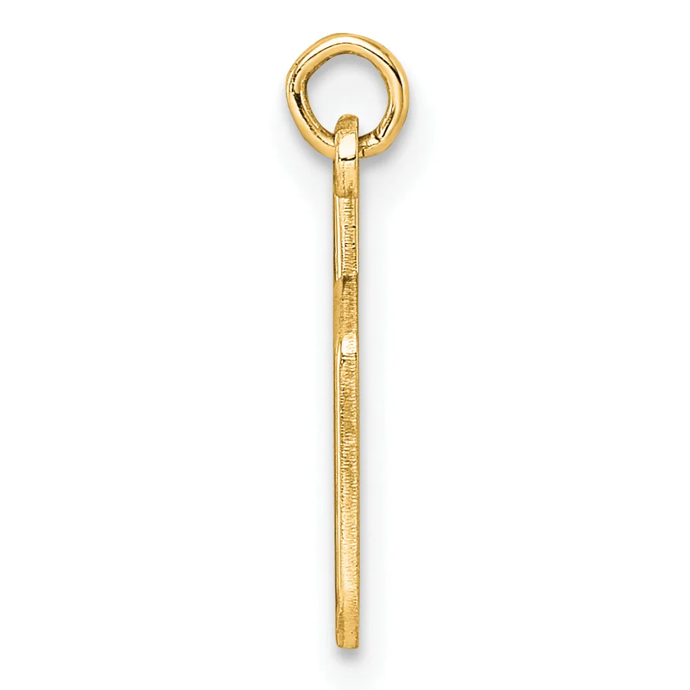 A gold pendant consisting of a long rectangular shaft with a round loop at the top, shown against a white background.