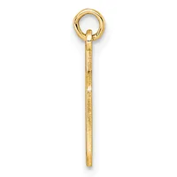 A gold pendant consisting of a long rectangular shaft with a round loop at the top, shown against a white background.