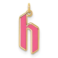 A gold-toned pendant charm shaped like the letter "b" with bright pink enamel fill and a small loop at the top for hanging.