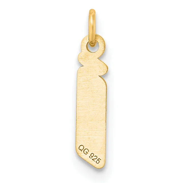 Gold pendant with an elephant head at the top and a long rectangular body with a small stamped hallmark near the bottom, shown hanging from a gold loop.