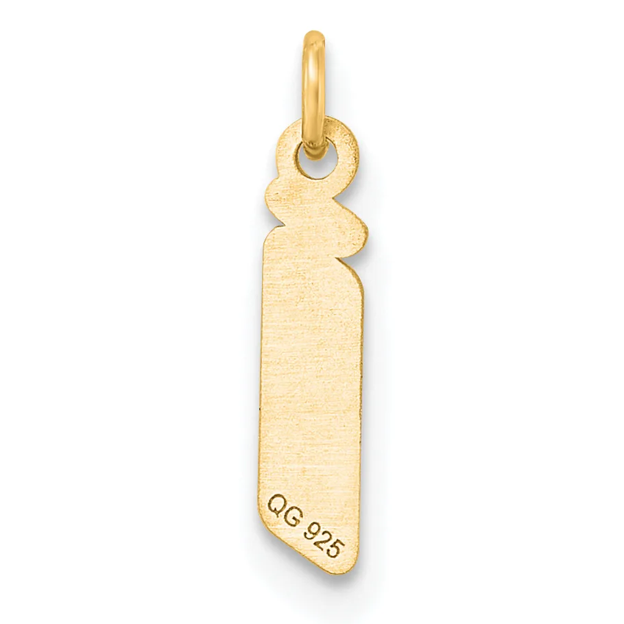 Gold pendant with an elephant head at the top and a long rectangular body with a small stamped hallmark near the bottom, shown hanging from a gold loop.