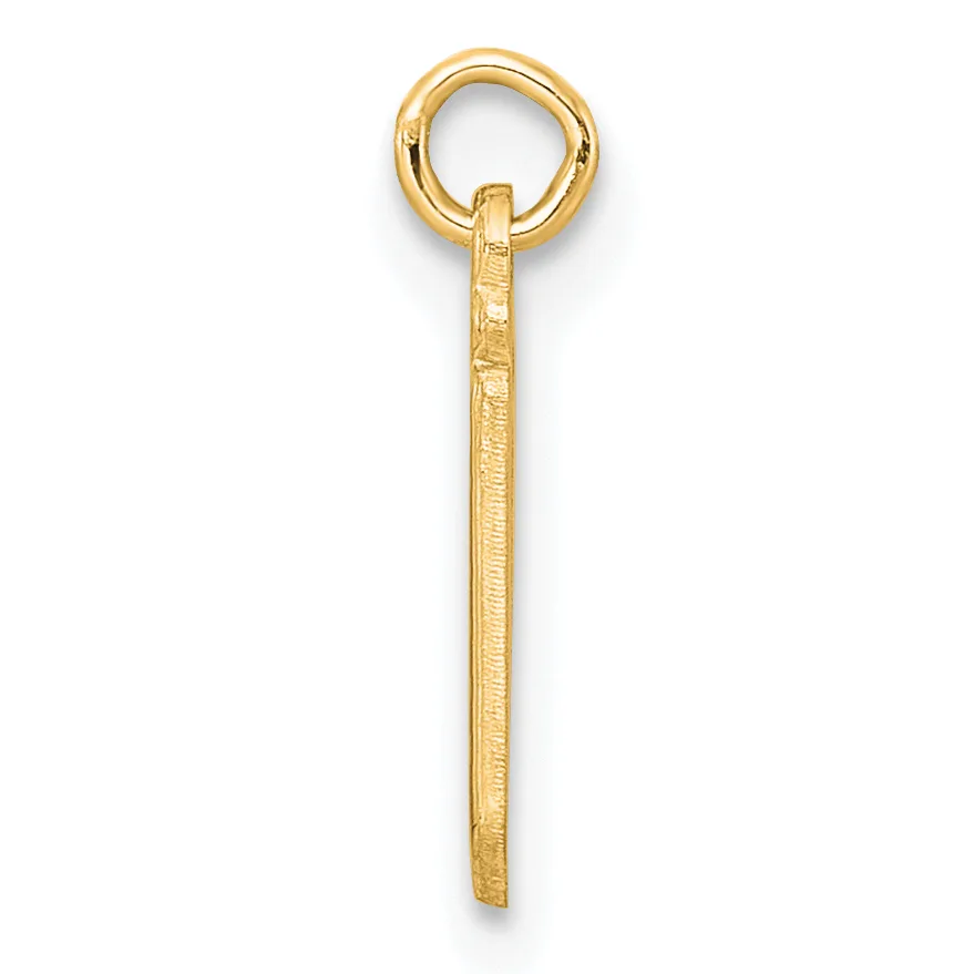 A gold pendant consisting of a long rectangular shaft with a small stamped hallmark, attached to a round loop at the top.