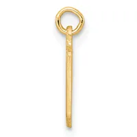 A gold pendant consisting of a long rectangular shaft with a small stamped hallmark, attached to a round loop at the top.