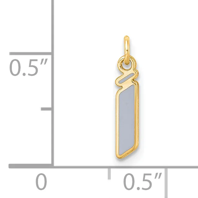 A gold-framed rectangular pendant with gray stone inlay and a twisted gold bail, shown next to a measurement scale indicating approximately 0.5 inches in height.