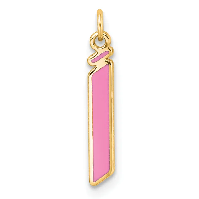 A gold-toned rectangular pendant with pink enamel fill and a small loop at the top for attaching to a chain.