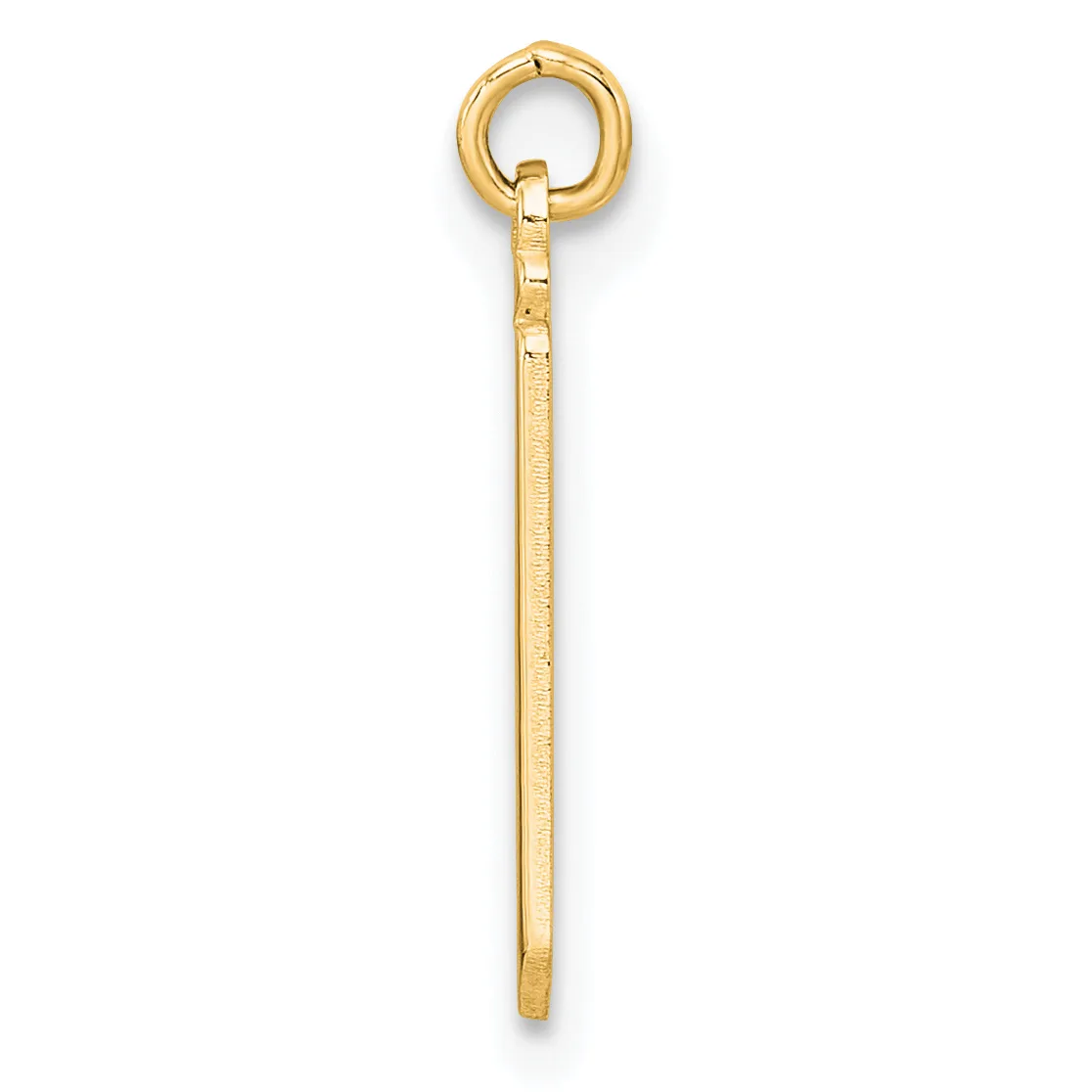 A long, thin gold rectangular pendant with a small stamped hallmark, attached to a round gold loop at the top.