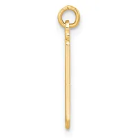 A long, thin gold rectangular pendant with a small stamped hallmark, attached to a round gold loop at the top.