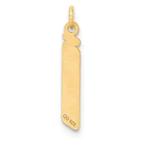 A long rectangular gold pendant with a textured finish and a small stamped hallmark on the lower portion, featuring a decorative notch at the top near the bail.