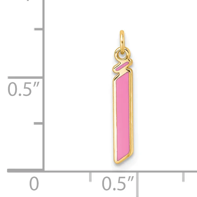 A gold-toned rectangular pendant with pink enamel fill and a small loop at the top, shown next to a measurement scale indicating it is approximately one-half inch wide.