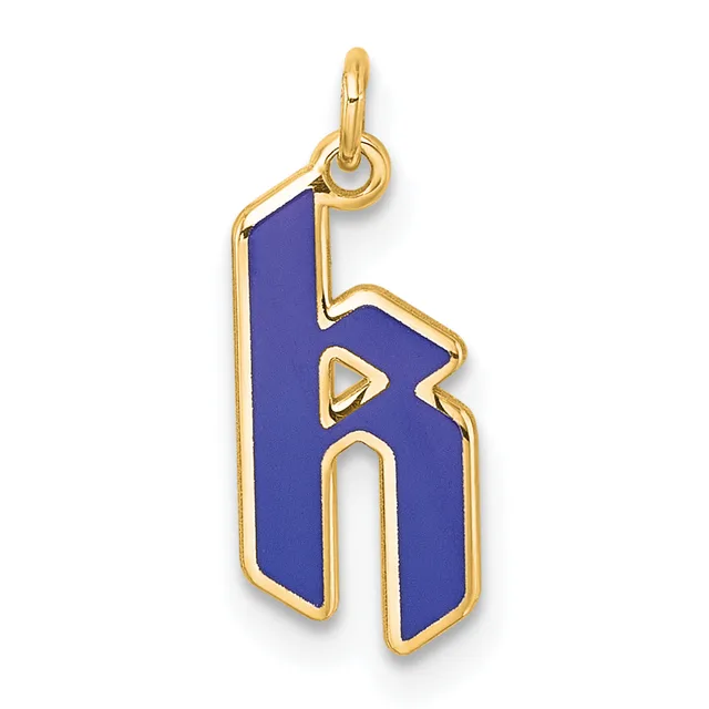 Gold-framed pendant with deep blue enamel featuring a stylized number 6 design with triangular cutout details, suspended from a gold loop bail.