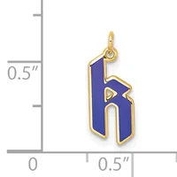 Gold-colored pendant with blue enamel featuring the number 16, shown next to a ruler indicating approximately 0.5 inches in width and height.
