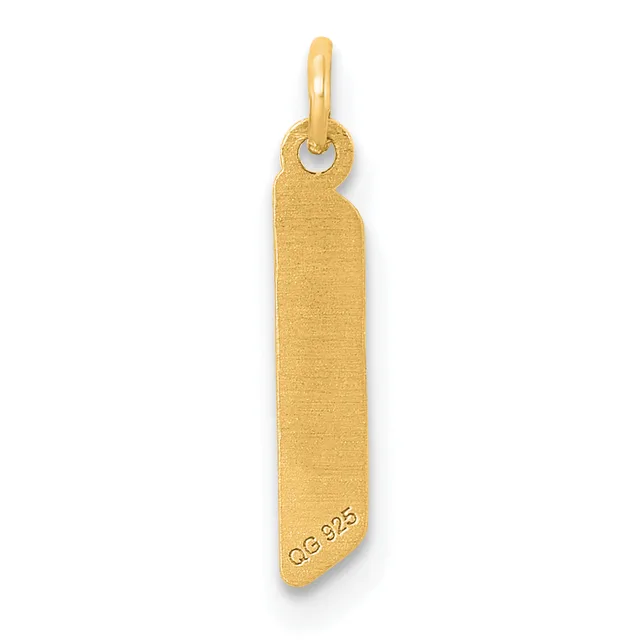A vertical rectangular gold pendant with a rounded top edge and a small stamped hallmark near the bottom, suspended from a gold bail.