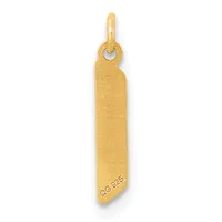 A vertical rectangular gold pendant with a rounded top edge and a small stamped hallmark near the bottom, suspended from a gold bail.