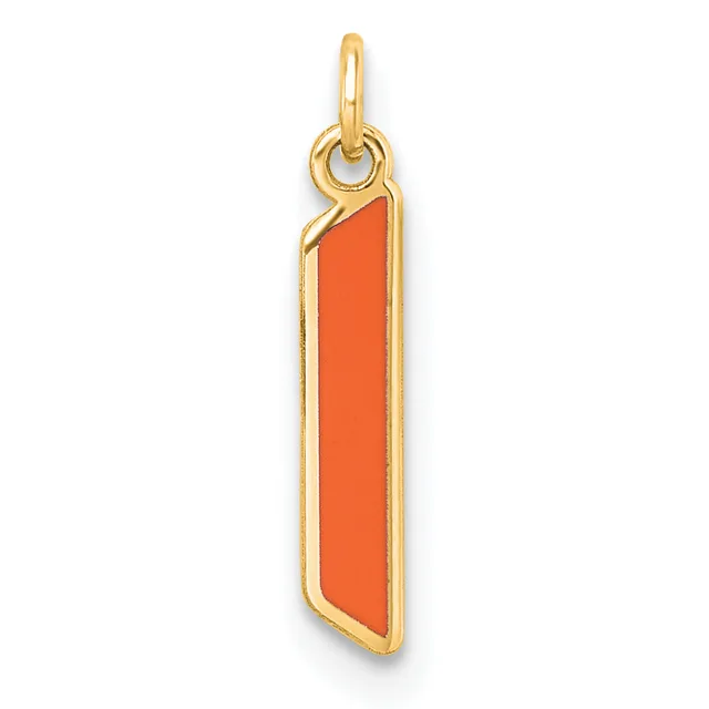 A vertical rectangular pendant with a bright orange enamel center panel framed by polished gold-tone metal, suspended from a small gold loop at the top.